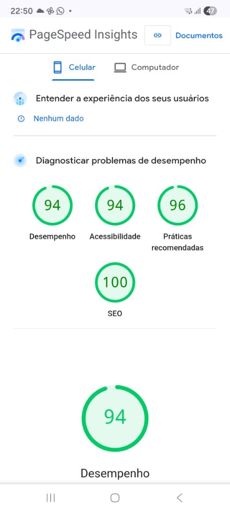 Google PageSpeed Atual - Nota 94